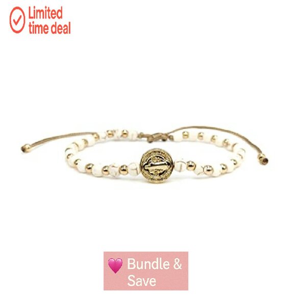 Adjustable Saint Benedict Coin Beaded Bracelet Gold Plated Spiritual - Picture 7 of 8